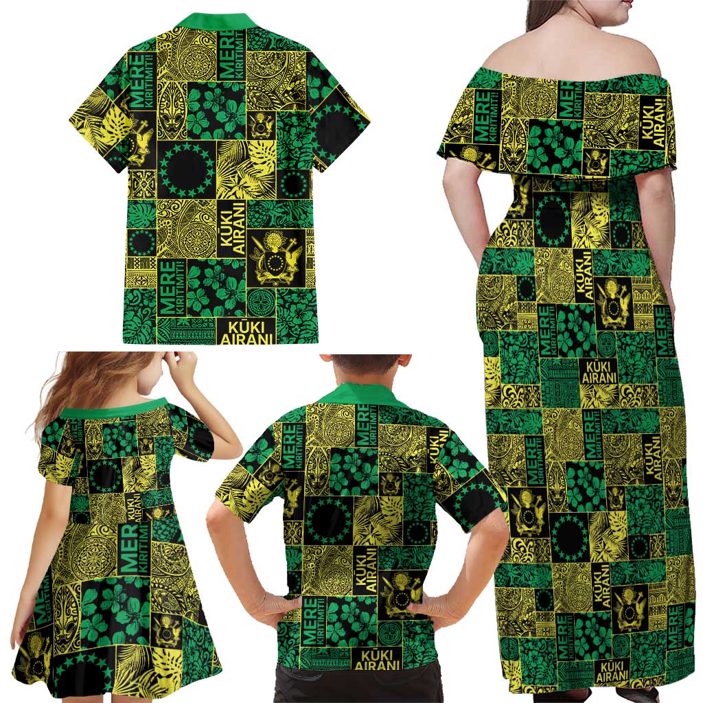 Cook Islands Mere Kiritimiti Family Matching Off Shoulder Maxi Dress and Hawaiian Shirt Pacific Patchwork Xmas Vibes - Polynesian Pride