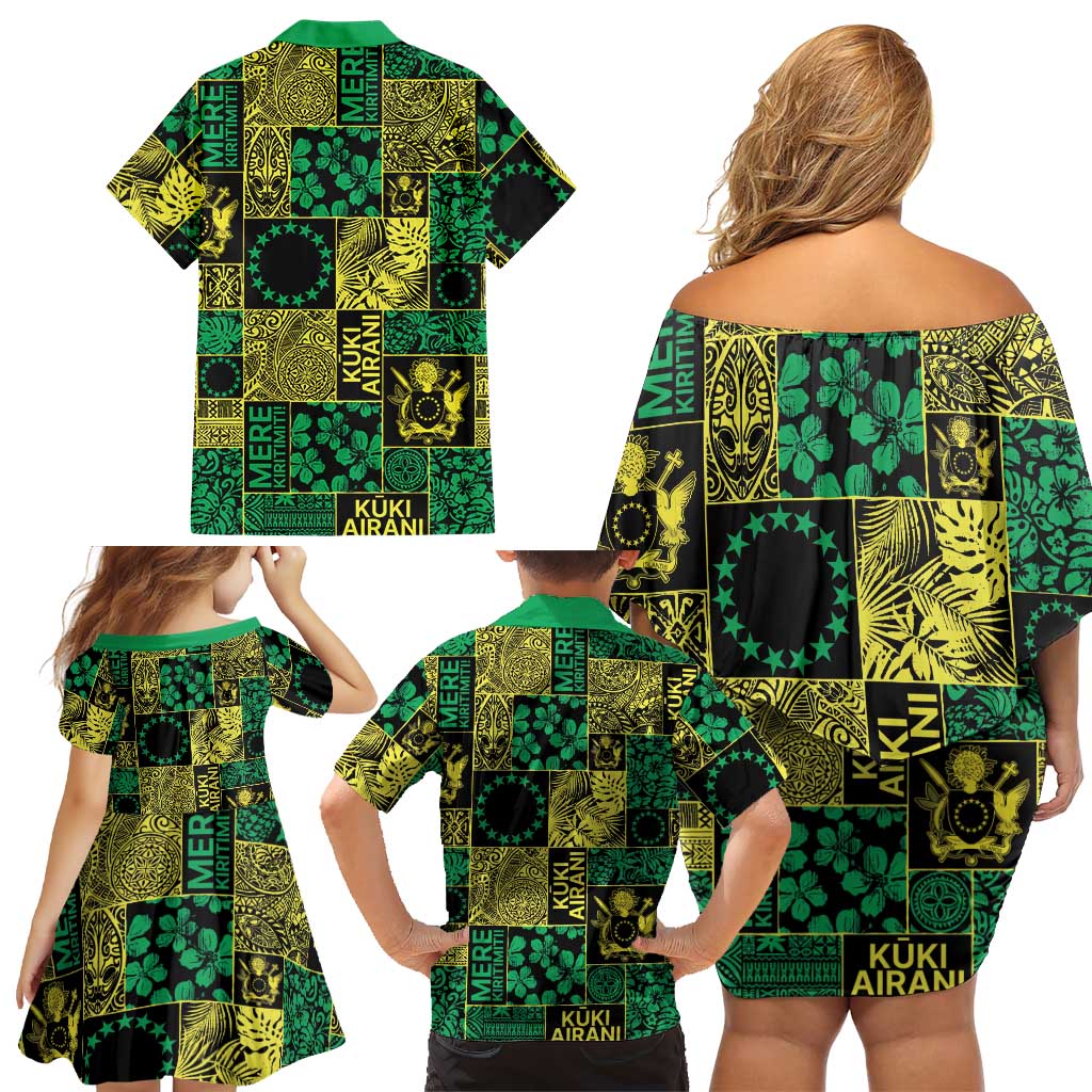 Cook Islands Mere Kiritimiti Family Matching Off Shoulder Short Dress and Hawaiian Shirt Pacific Patchwork Xmas Vibes - Polynesian Pride