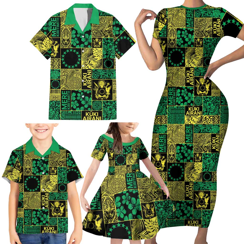 Cook Islands Mere Kiritimiti Family Matching Short Sleeve Bodycon Dress and Hawaiian Shirt Pacific Patchwork Xmas Vibes - Polynesian Pride