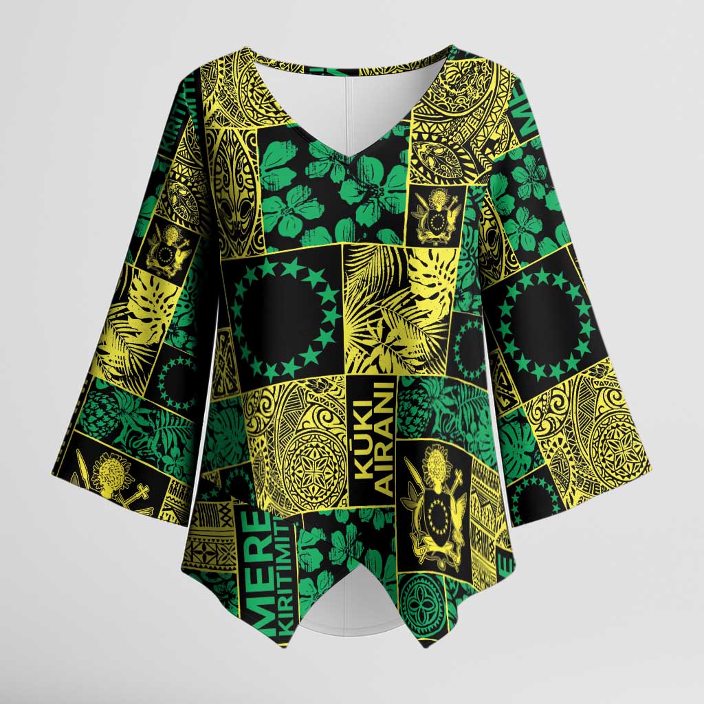 Cook Islands Mere Kiritimiti Kimono Sleeve Blouse Pacific Patchwork Xmas Vibes LT9 Female Green - Polynesian Pride