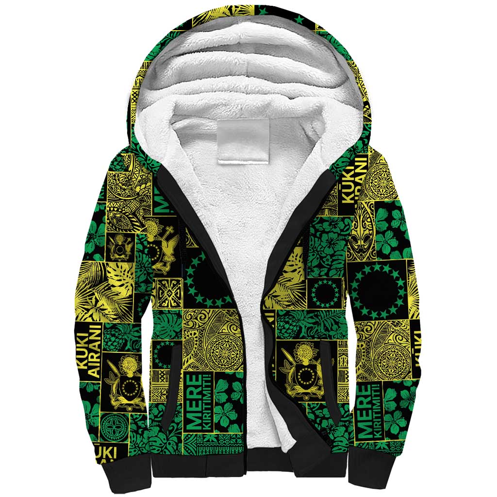 Cook Islands Mere Kiritimiti Sherpa Hoodie Pacific Patchwork Xmas Vibes LT9 Unisex Green - Polynesian Pride