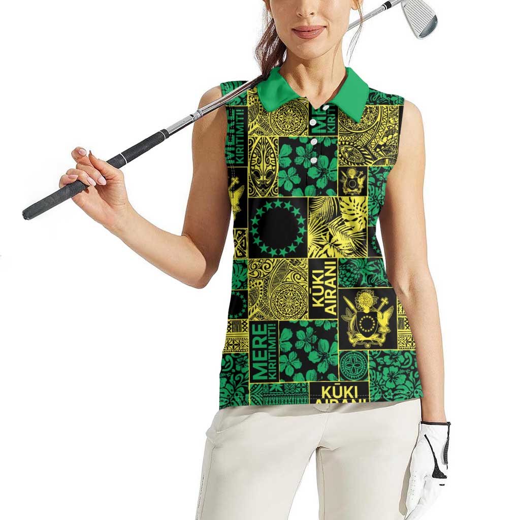 Cook Islands Mere Kiritimiti Women Sleeveless Polo Shirt Pacific Patchwork Xmas Vibes LT9 - Polynesian Pride