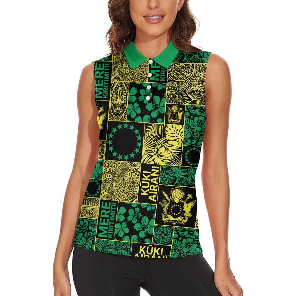 Cook Islands Mere Kiritimiti Women Sleeveless Polo Shirt Pacific Patchwork Xmas Vibes LT9 - Polynesian Pride