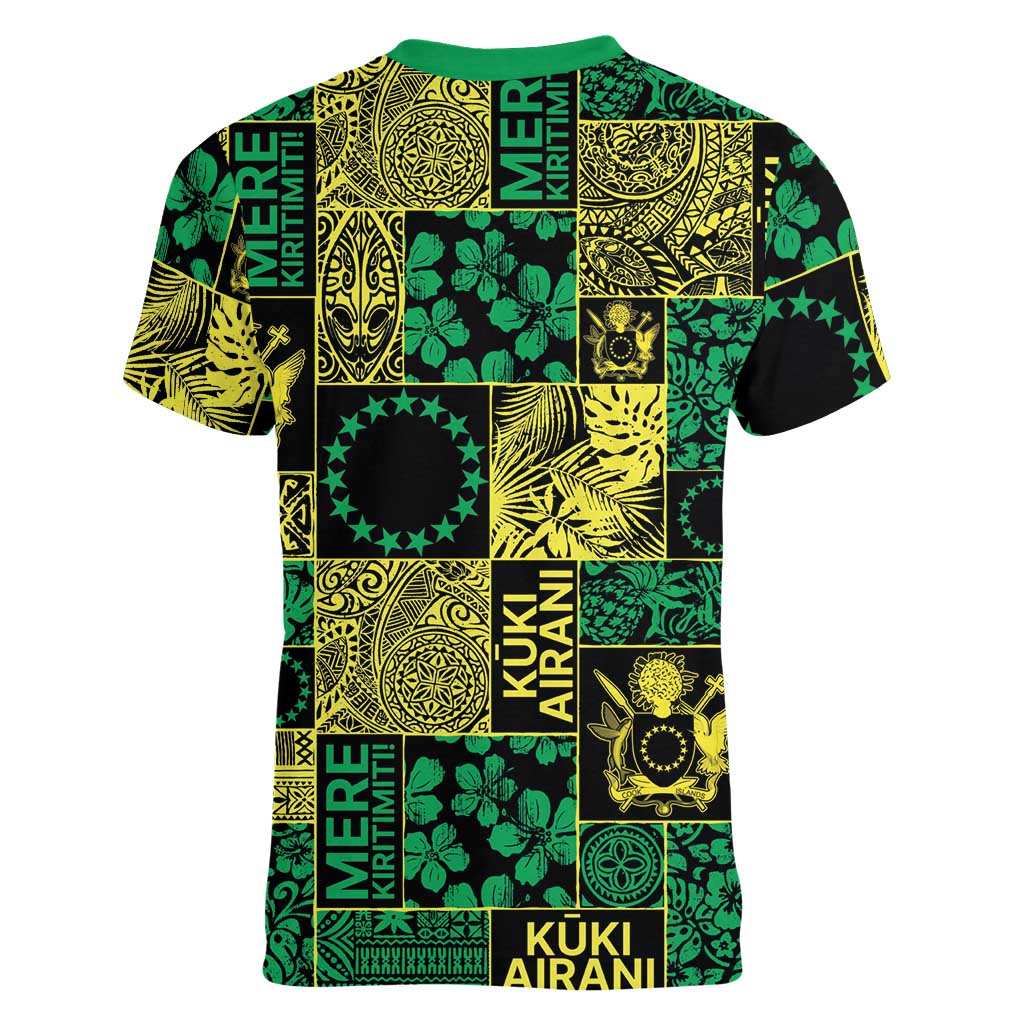 Cook Islands Mere Kiritimiti Women V-Neck T-Shirt Pacific Patchwork Xmas Vibes - Polynesian Pride