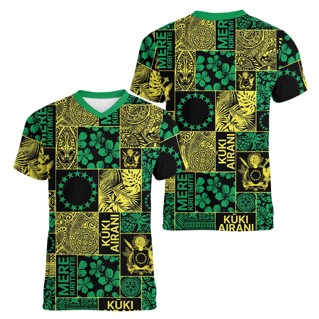 Cook Islands Mere Kiritimiti Women V-Neck T-Shirt Pacific Patchwork Xmas Vibes - Polynesian Pride