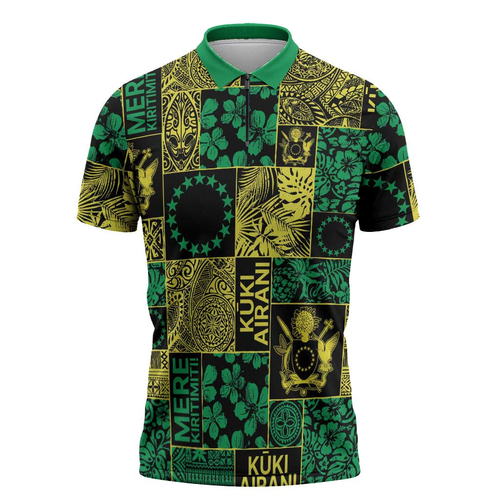 Cook Islands Mere Kiritimiti Zipper Polo Shirt Pacific Patchwork Xmas Vibes - Polynesian Pride
