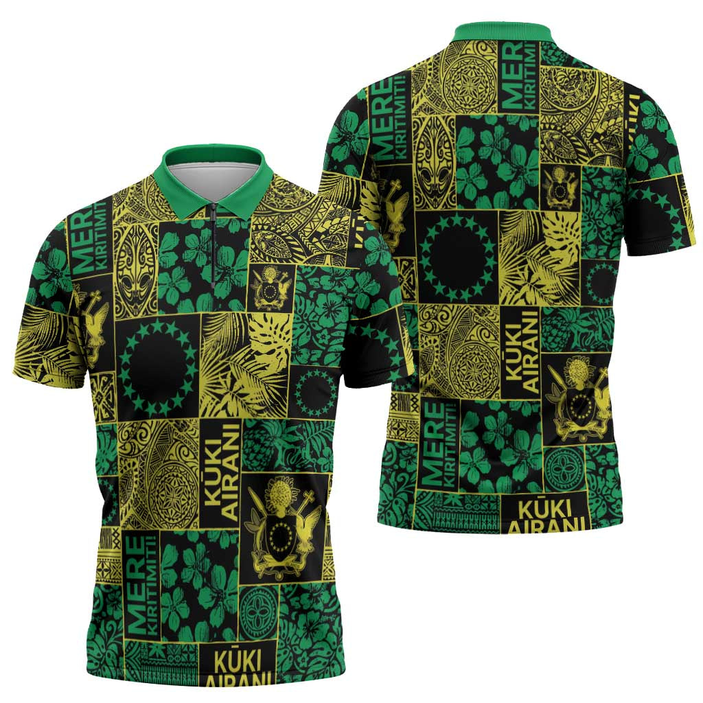 Cook Islands Mere Kiritimiti Zipper Polo Shirt Pacific Patchwork Xmas Vibes - Polynesian Pride