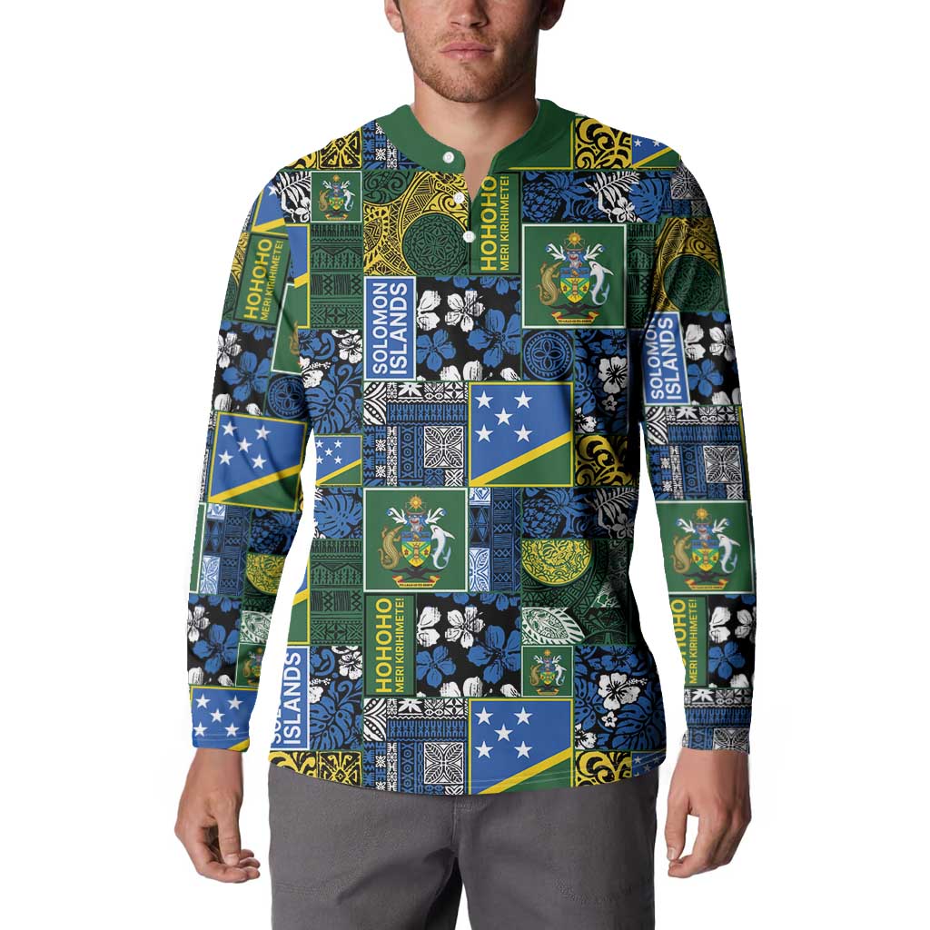 Solomon Islands Meri Kirihimete Button Sweatshirt Pacific Patchwork Xmas Vibes - Polynesian Pride