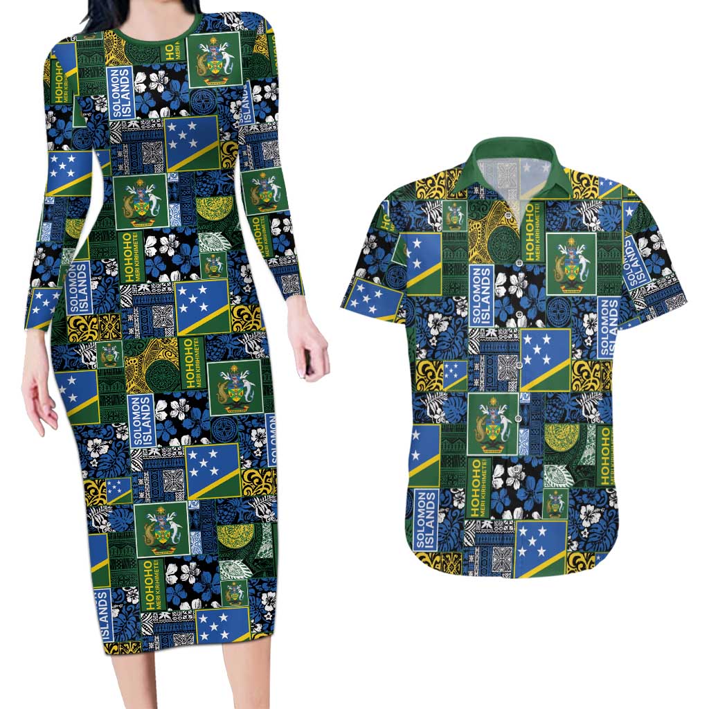 Solomon Islands Meri Kirihimete Couples Matching Long Sleeve Bodycon Dress and Hawaiian Shirt Pacific Patchwork Xmas Vibes - Polynesian Pride