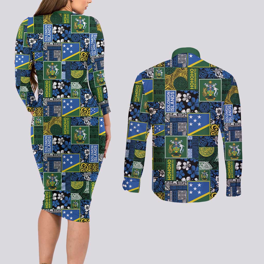 Solomon Islands Meri Kirihimete Couples Matching Long Sleeve Bodycon Dress and Long Sleeve Button Shirt Pacific Patchwork Xmas Vibes - Polynesian Pride