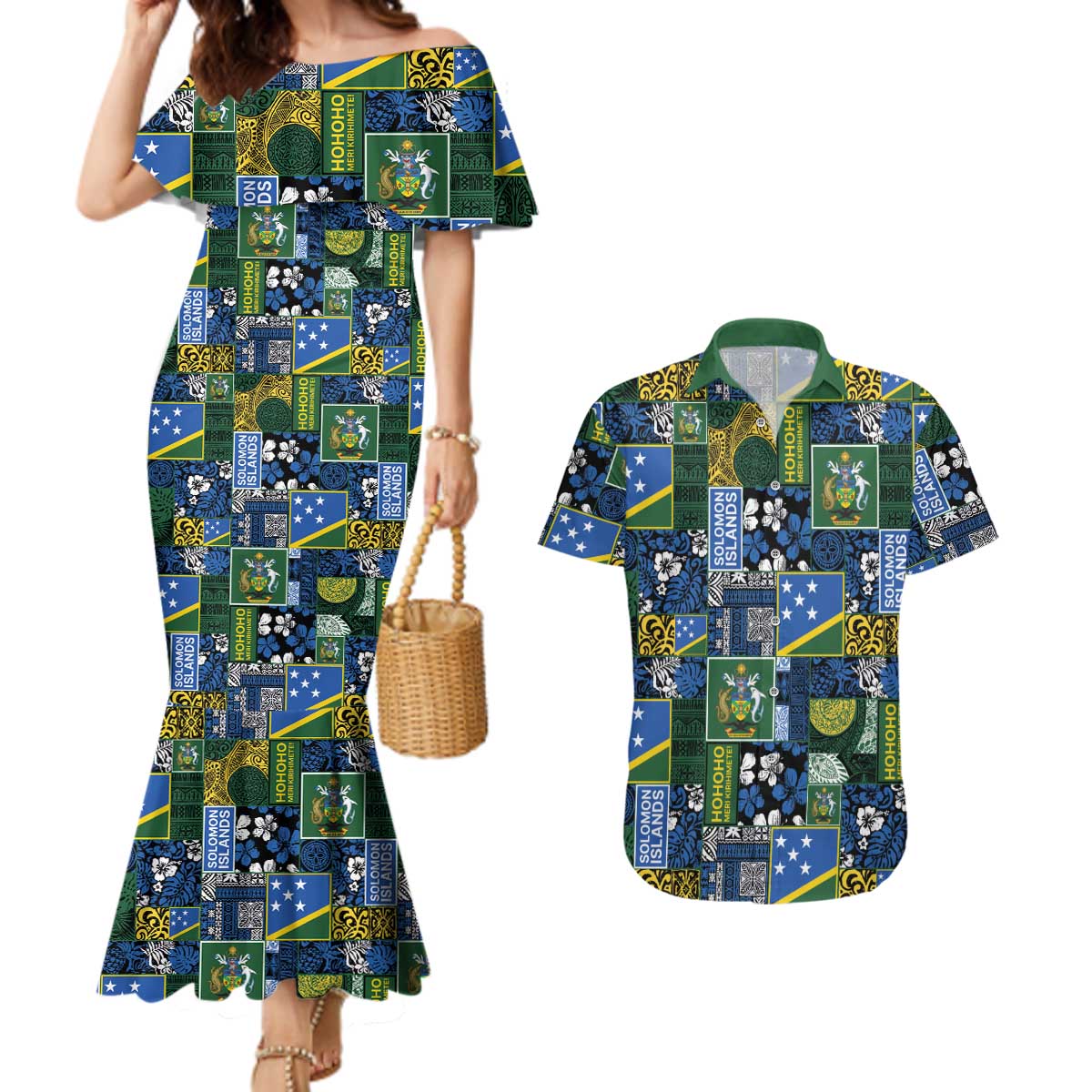 Solomon Islands Meri Kirihimete Couples Matching Mermaid Dress and Hawaiian Shirt Pacific Patchwork Xmas Vibes - Polynesian Pride