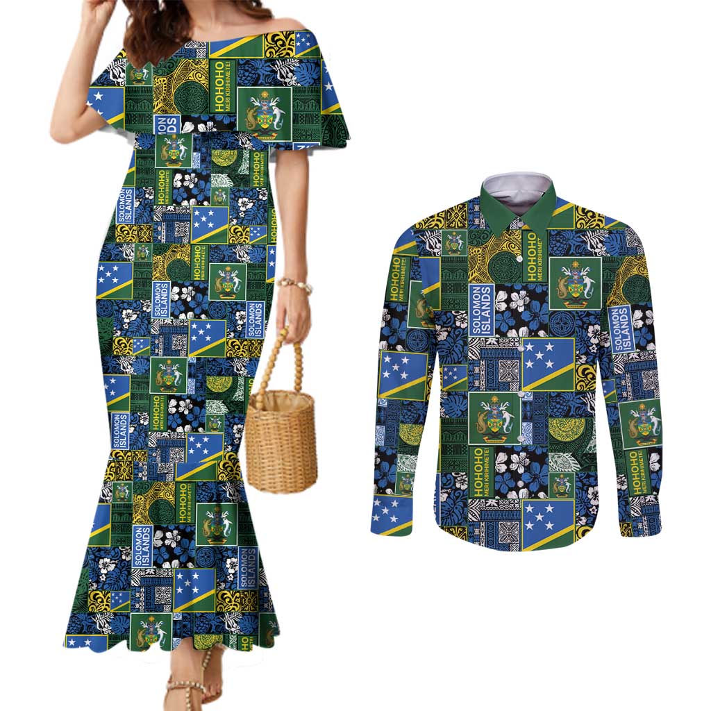 Solomon Islands Meri Kirihimete Couples Matching Mermaid Dress and Long Sleeve Button Shirt Pacific Patchwork Xmas Vibes - Polynesian Pride