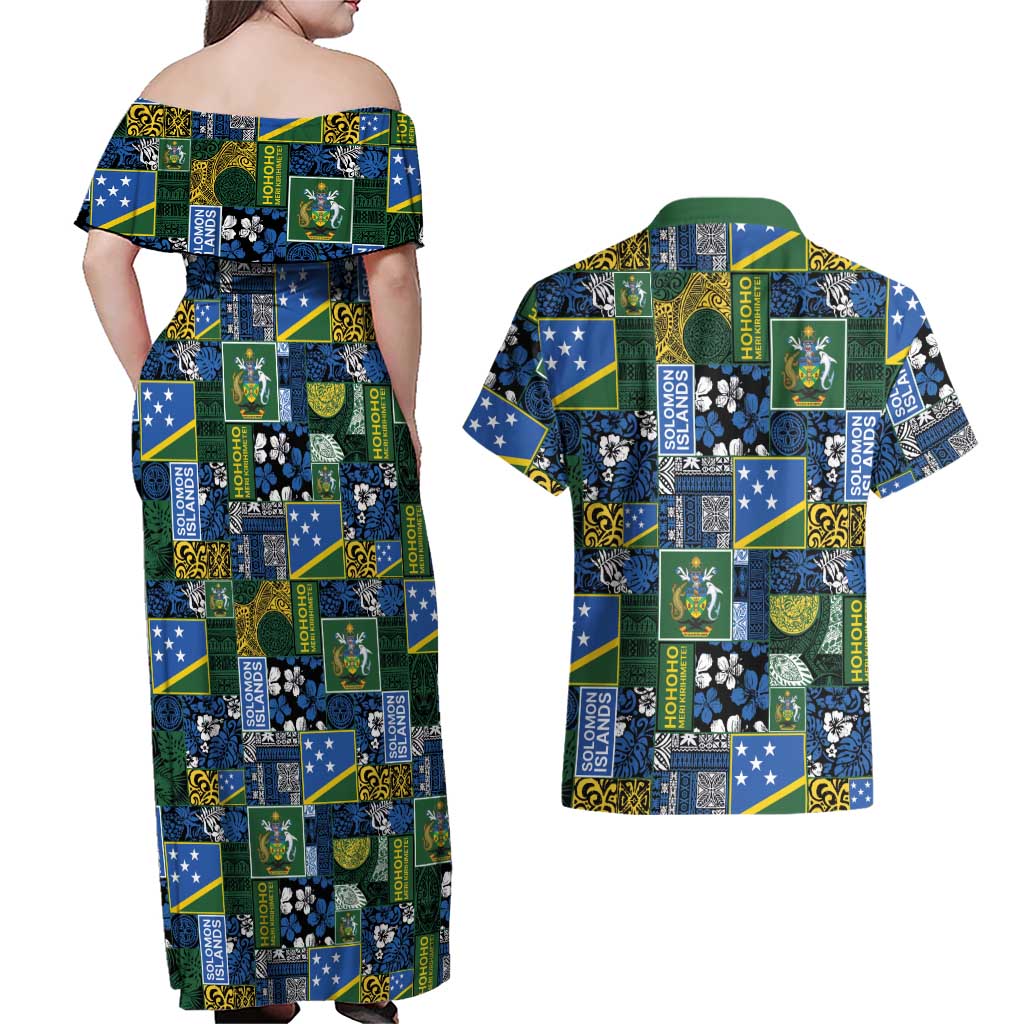 Solomon Islands Meri Kirihimete Couples Matching Off Shoulder Maxi Dress and Hawaiian Shirt Pacific Patchwork Xmas Vibes - Polynesian Pride