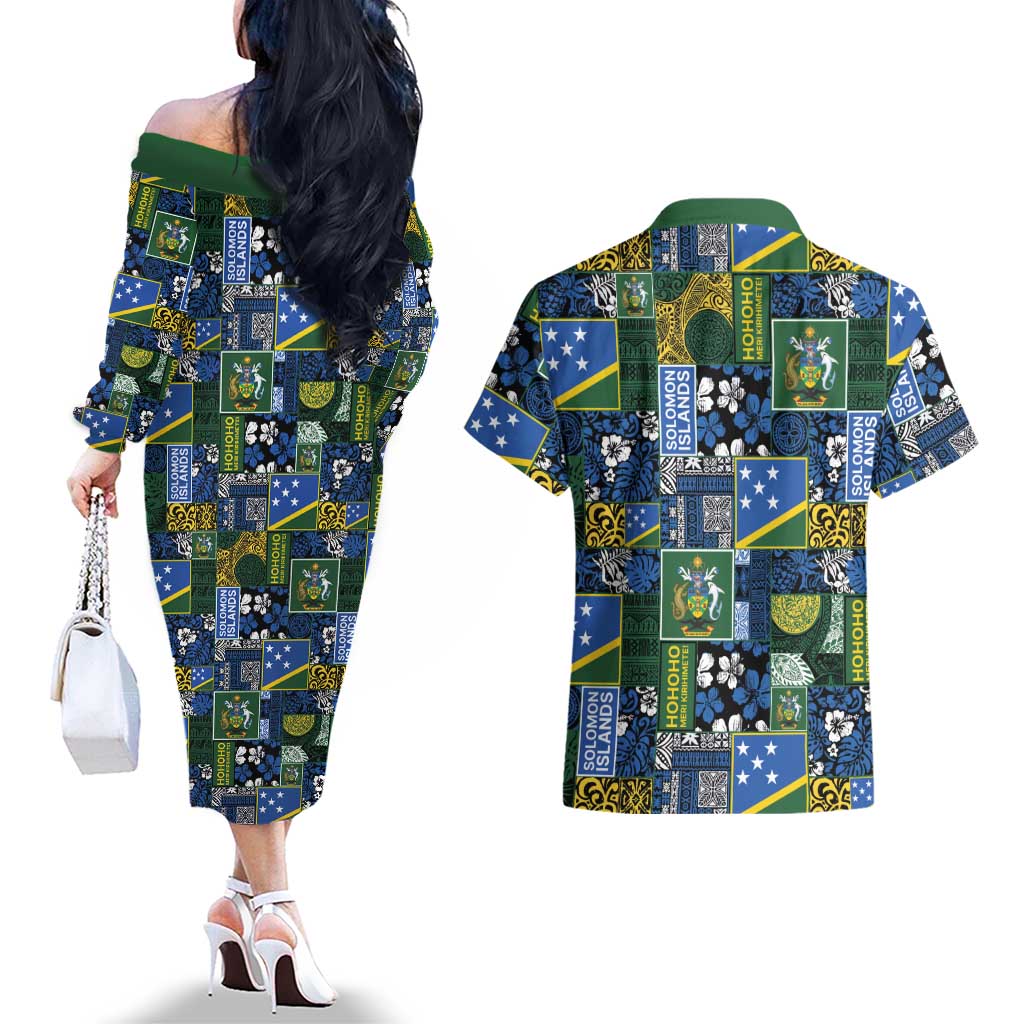 Solomon Islands Meri Kirihimete Couples Matching Off The Shoulder Long Sleeve Dress and Hawaiian Shirt Pacific Patchwork Xmas Vibes - Polynesian Pride