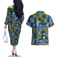 Solomon Islands Meri Kirihimete Couples Matching Off The Shoulder Long Sleeve Dress and Hawaiian Shirt Pacific Patchwork Xmas Vibes - Polynesian Pride