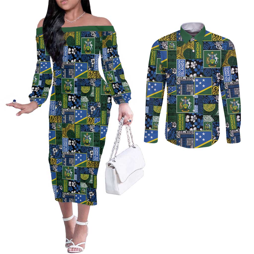 Solomon Islands Meri Kirihimete Couples Matching Off The Shoulder Long Sleeve Dress and Long Sleeve Button Shirt Pacific Patchwork Xmas Vibes - Polynesian Pride