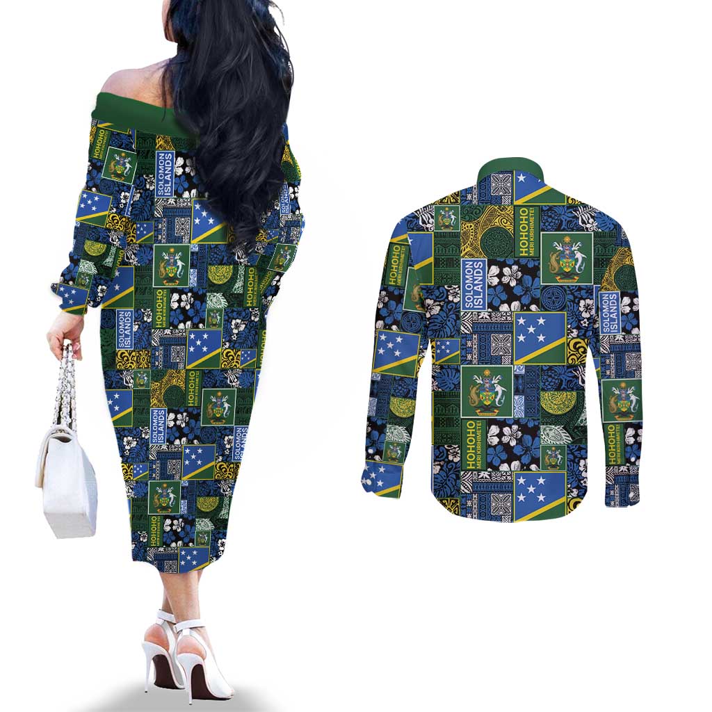 Solomon Islands Meri Kirihimete Couples Matching Off The Shoulder Long Sleeve Dress and Long Sleeve Button Shirt Pacific Patchwork Xmas Vibes - Polynesian Pride