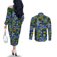 Solomon Islands Meri Kirihimete Couples Matching Off The Shoulder Long Sleeve Dress and Long Sleeve Button Shirt Pacific Patchwork Xmas Vibes - Polynesian Pride