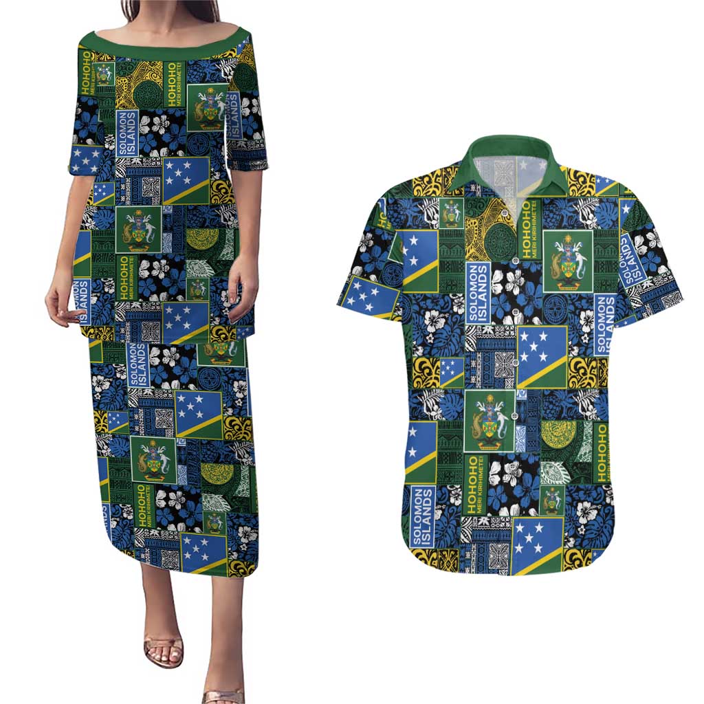 Solomon Islands Meri Kirihimete Couples Matching Puletasi and Hawaiian Shirt Pacific Patchwork Xmas Vibes - Polynesian Pride