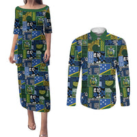 Solomon Islands Meri Kirihimete Couples Matching Puletasi and Long Sleeve Button Shirt Pacific Patchwork Xmas Vibes - Polynesian Pride