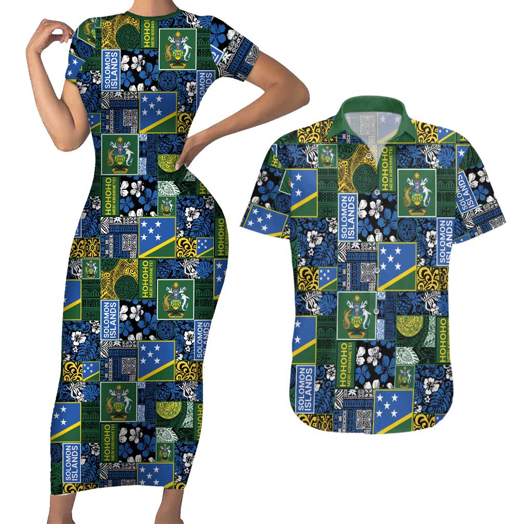 Solomon Islands Meri Kirihimete Couples Matching Short Sleeve Bodycon Dress and Hawaiian Shirt Pacific Patchwork Xmas Vibes - Polynesian Pride