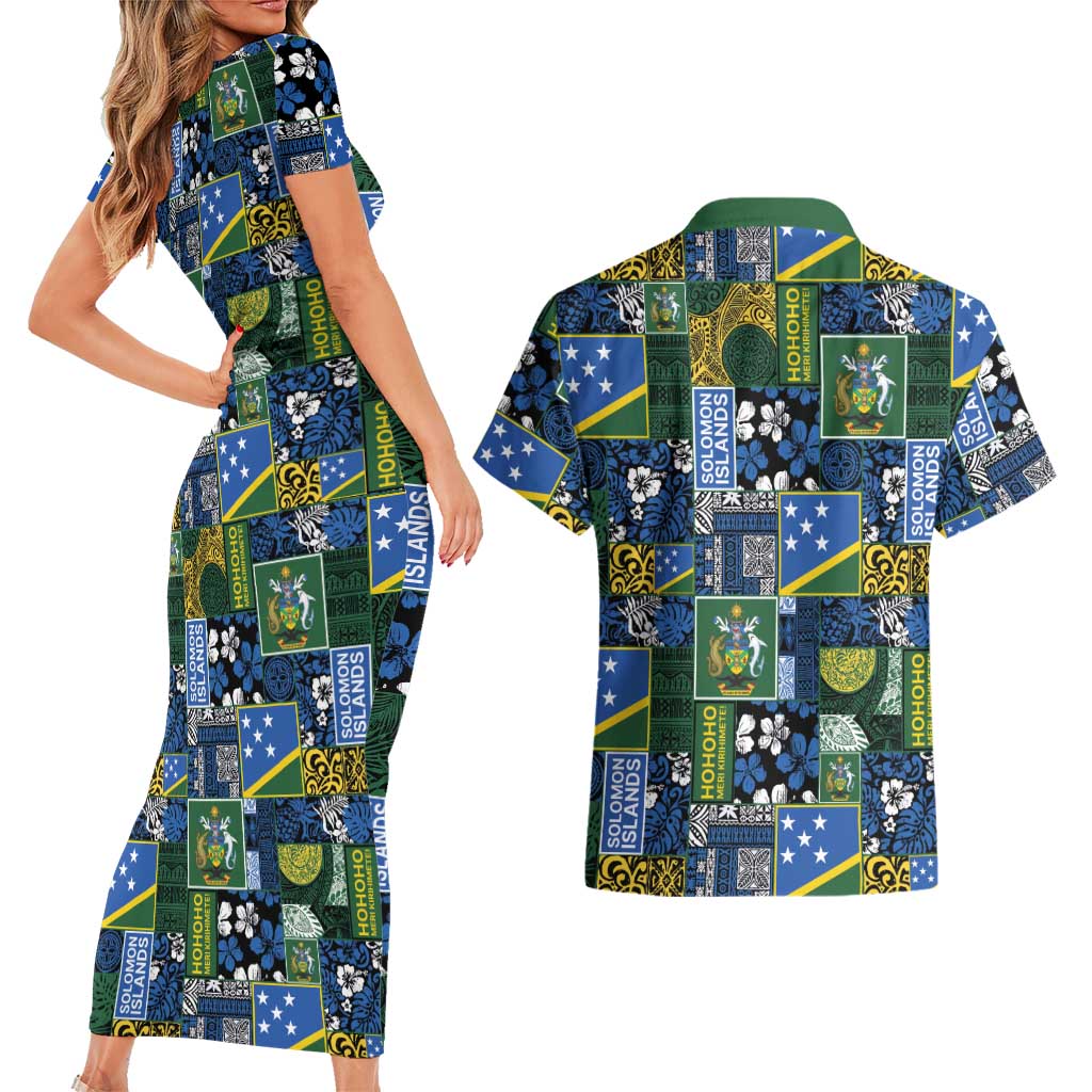 Solomon Islands Meri Kirihimete Couples Matching Short Sleeve Bodycon Dress and Hawaiian Shirt Pacific Patchwork Xmas Vibes - Polynesian Pride