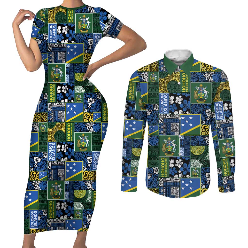 Solomon Islands Meri Kirihimete Couples Matching Short Sleeve Bodycon Dress and Long Sleeve Button Shirt Pacific Patchwork Xmas Vibes - Polynesian Pride