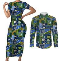 Solomon Islands Meri Kirihimete Couples Matching Short Sleeve Bodycon Dress and Long Sleeve Button Shirt Pacific Patchwork Xmas Vibes - Polynesian Pride