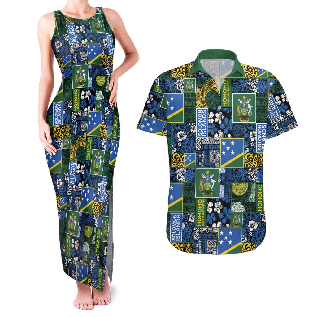 Solomon Islands Meri Kirihimete Couples Matching Tank Maxi Dress and Hawaiian Shirt Pacific Patchwork Xmas Vibes - Polynesian Pride