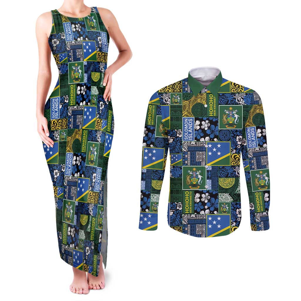 Solomon Islands Meri Kirihimete Couples Matching Tank Maxi Dress and Long Sleeve Button Shirt Pacific Patchwork Xmas Vibes - Polynesian Pride