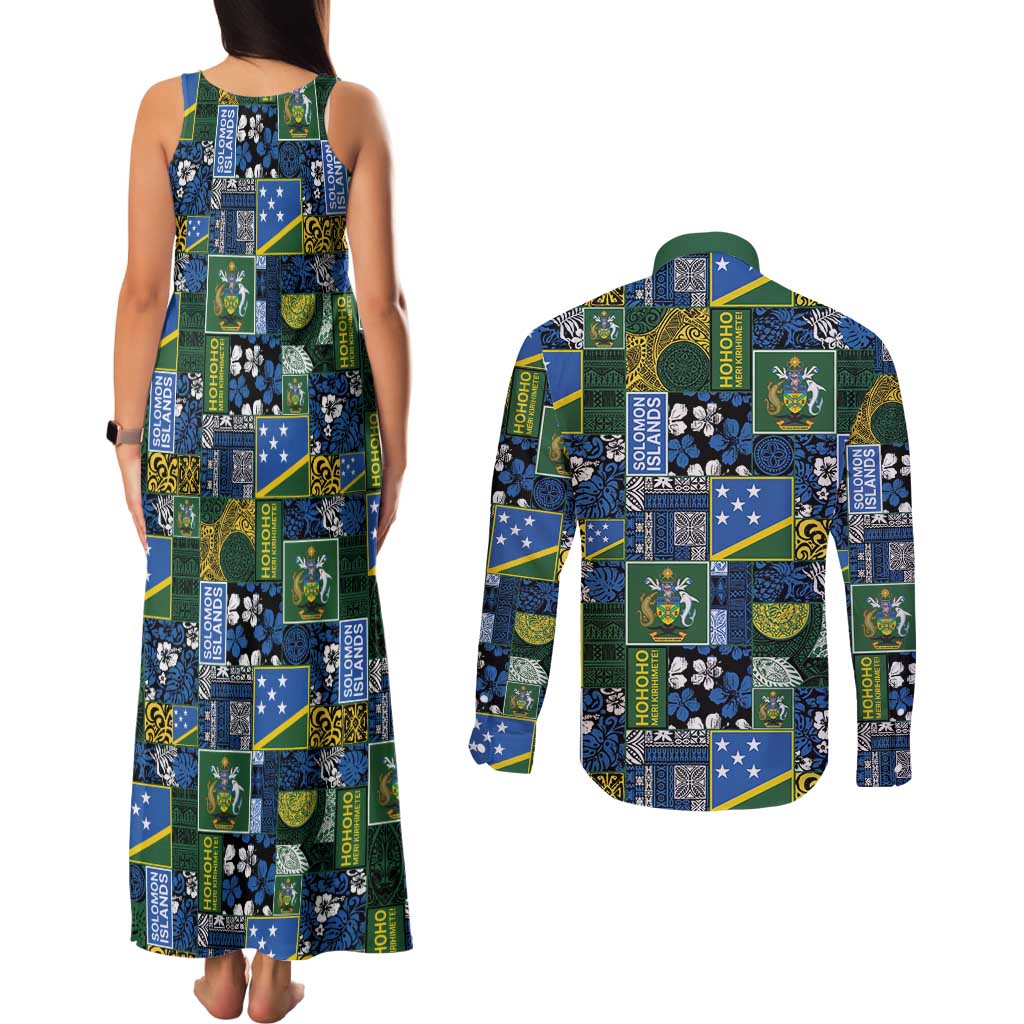 Solomon Islands Meri Kirihimete Couples Matching Tank Maxi Dress and Long Sleeve Button Shirt Pacific Patchwork Xmas Vibes - Polynesian Pride