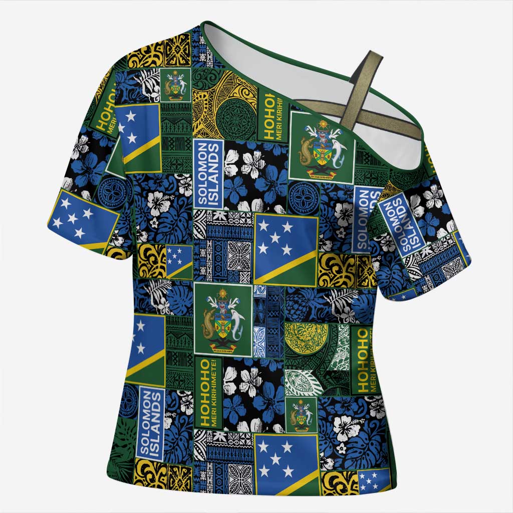 Solomon Islands Meri Kirihimete Cross Shoulder Shirt Pacific Patchwork Xmas Vibes - Polynesian Pride
