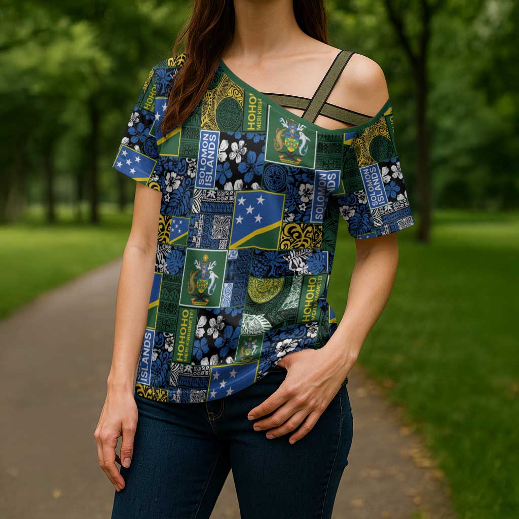 Solomon Islands Meri Kirihimete Cross Shoulder Shirt Pacific Patchwork Xmas Vibes - Polynesian Pride