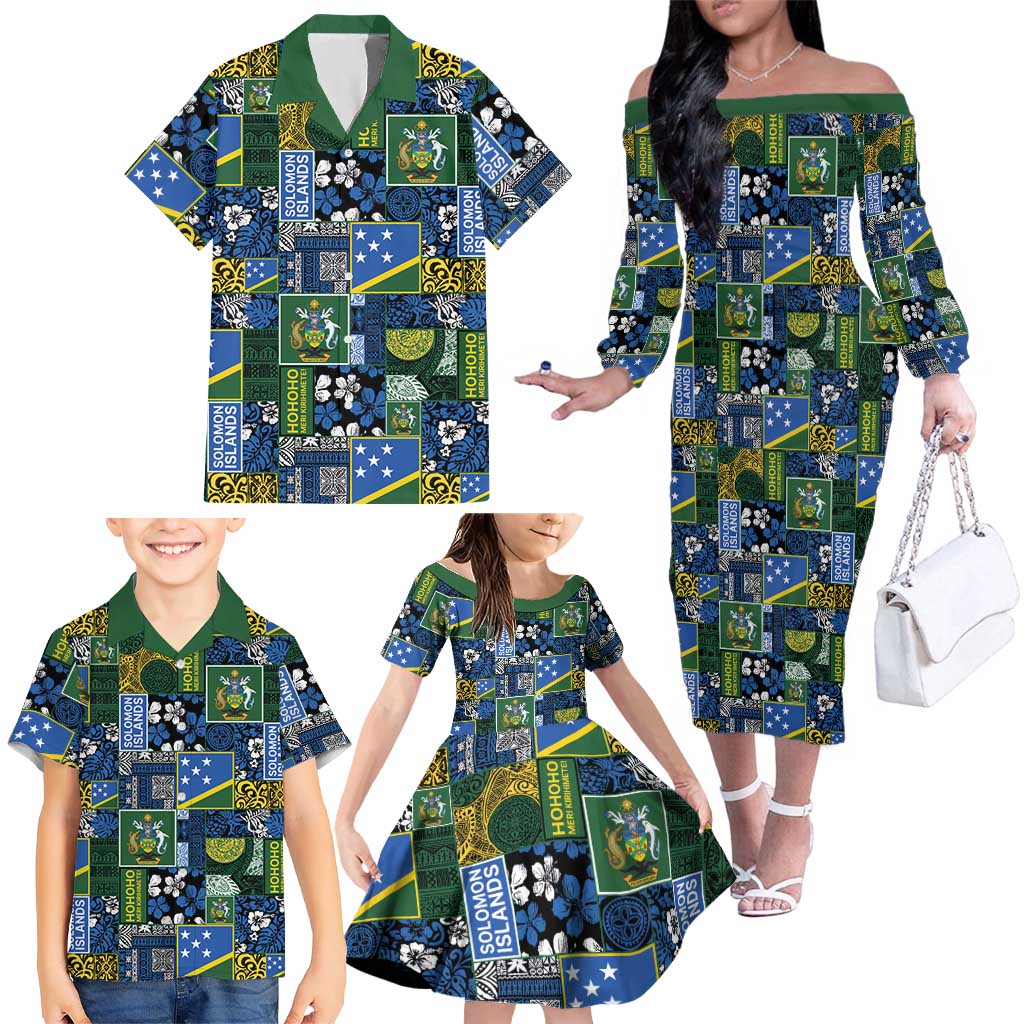 Solomon Islands Meri Kirihimete Family Matching Off The Shoulder Long Sleeve Dress and Hawaiian Shirt Pacific Patchwork Xmas Vibes LT9 - Polynesian Pride