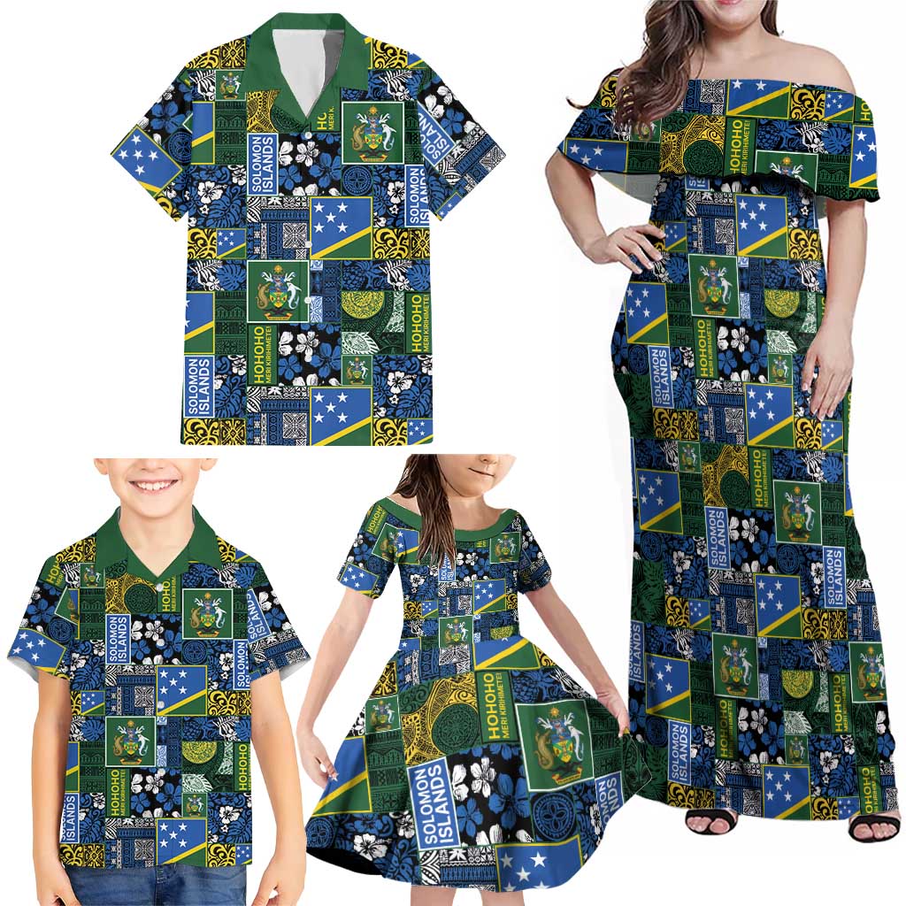 Solomon Islands Meri Kirihimete Family Matching Off Shoulder Maxi Dress and Hawaiian Shirt Pacific Patchwork Xmas Vibes - Polynesian Pride