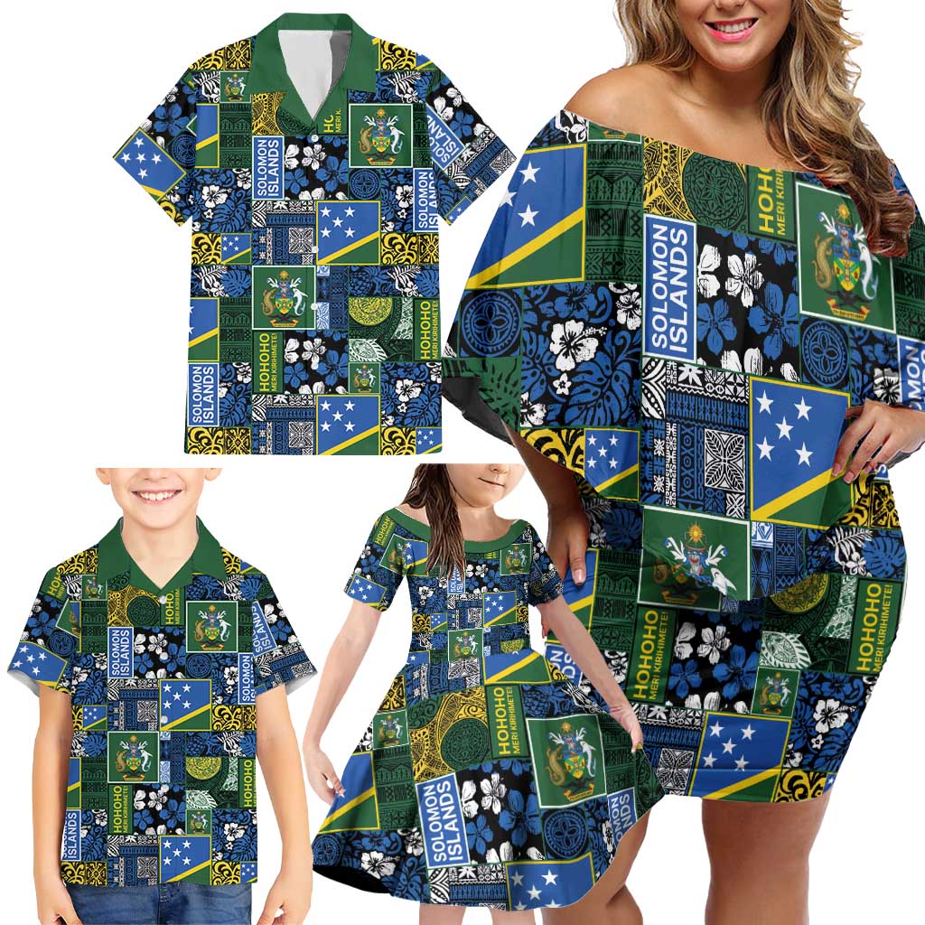 Solomon Islands Meri Kirihimete Family Matching Off Shoulder Short Dress and Hawaiian Shirt Pacific Patchwork Xmas Vibes - Polynesian Pride