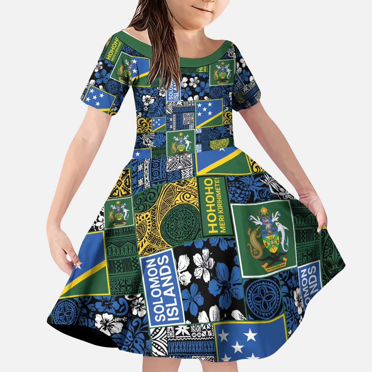 Solomon Islands Meri Kirihimete Kid Short Sleeve Dress Pacific Patchwork Xmas Vibes - Polynesian Pride
