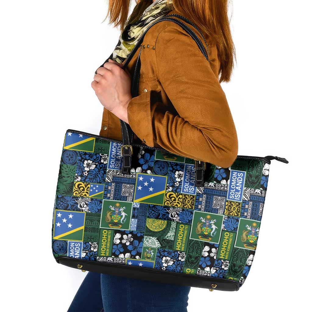 Solomon Islands Meri Kirihimete Leather Tote Bag Pacific Patchwork Xmas Vibes - Polynesian Pride