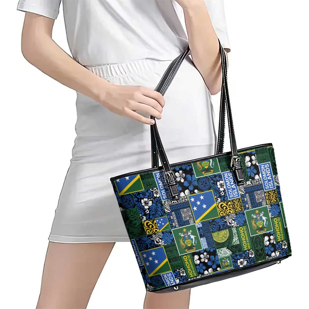 Solomon Islands Meri Kirihimete Leather Tote Bag Pacific Patchwork Xmas Vibes - Polynesian Pride