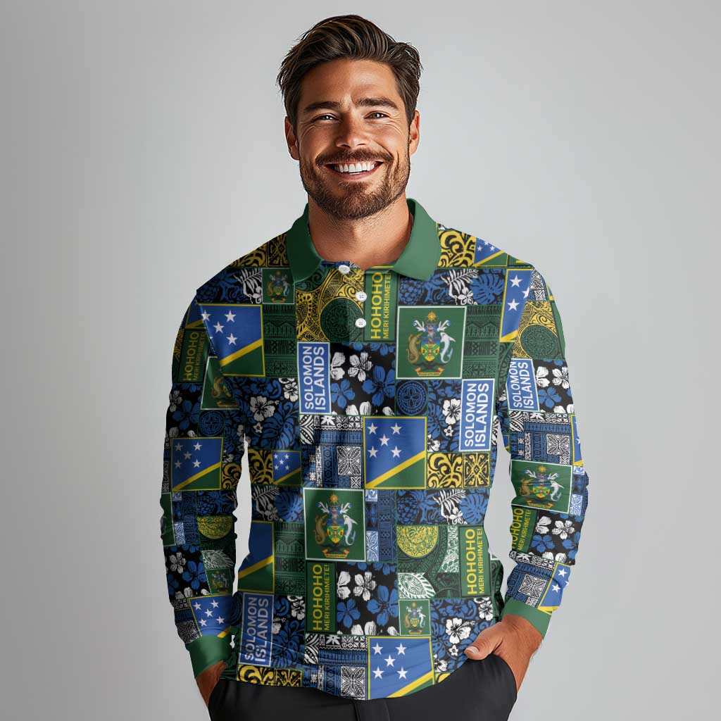Solomon Islands Meri Kirihimete Long Sleeve Polo Shirt Pacific Patchwork Xmas Vibes - Polynesian Pride