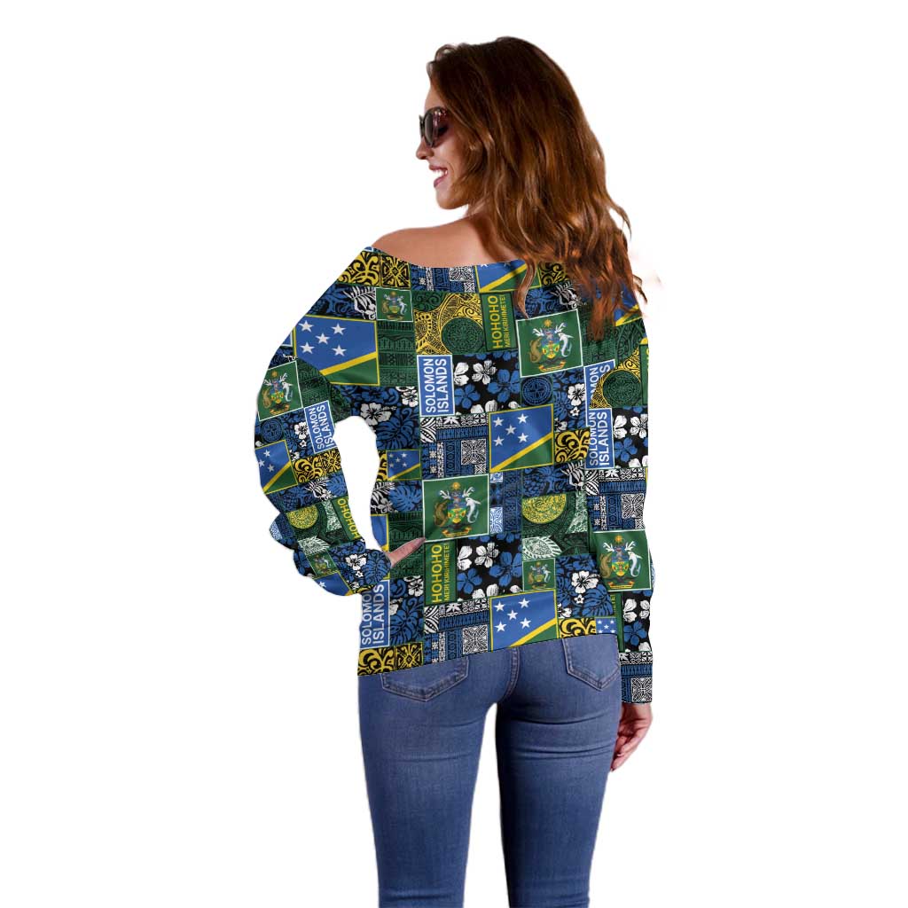 Solomon Islands Meri Kirihimete Off Shoulder Sweater Pacific Patchwork Xmas Vibes - Polynesian Pride
