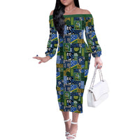 Solomon Islands Meri Kirihimete Off The Shoulder Long Sleeve Dress Pacific Patchwork Xmas Vibes - Polynesian Pride