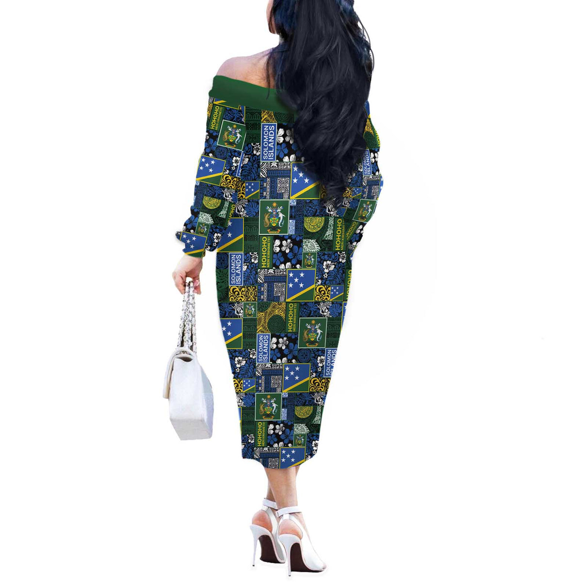 Solomon Islands Meri Kirihimete Off The Shoulder Long Sleeve Dress Pacific Patchwork Xmas Vibes - Polynesian Pride