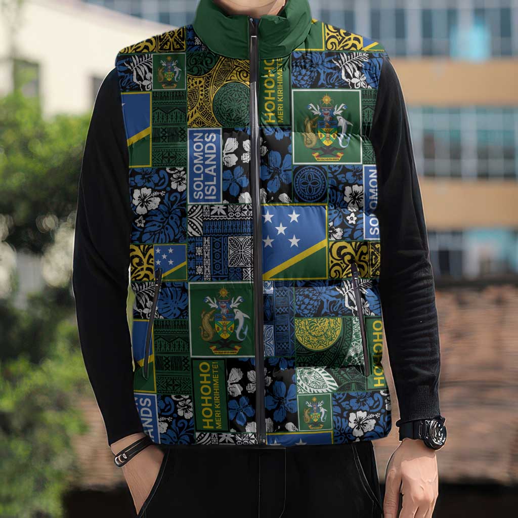 Solomon Islands Meri Kirihimete Sleeveless Puffer Jacket Pacific Patchwork Xmas Vibes - Polynesian Pride