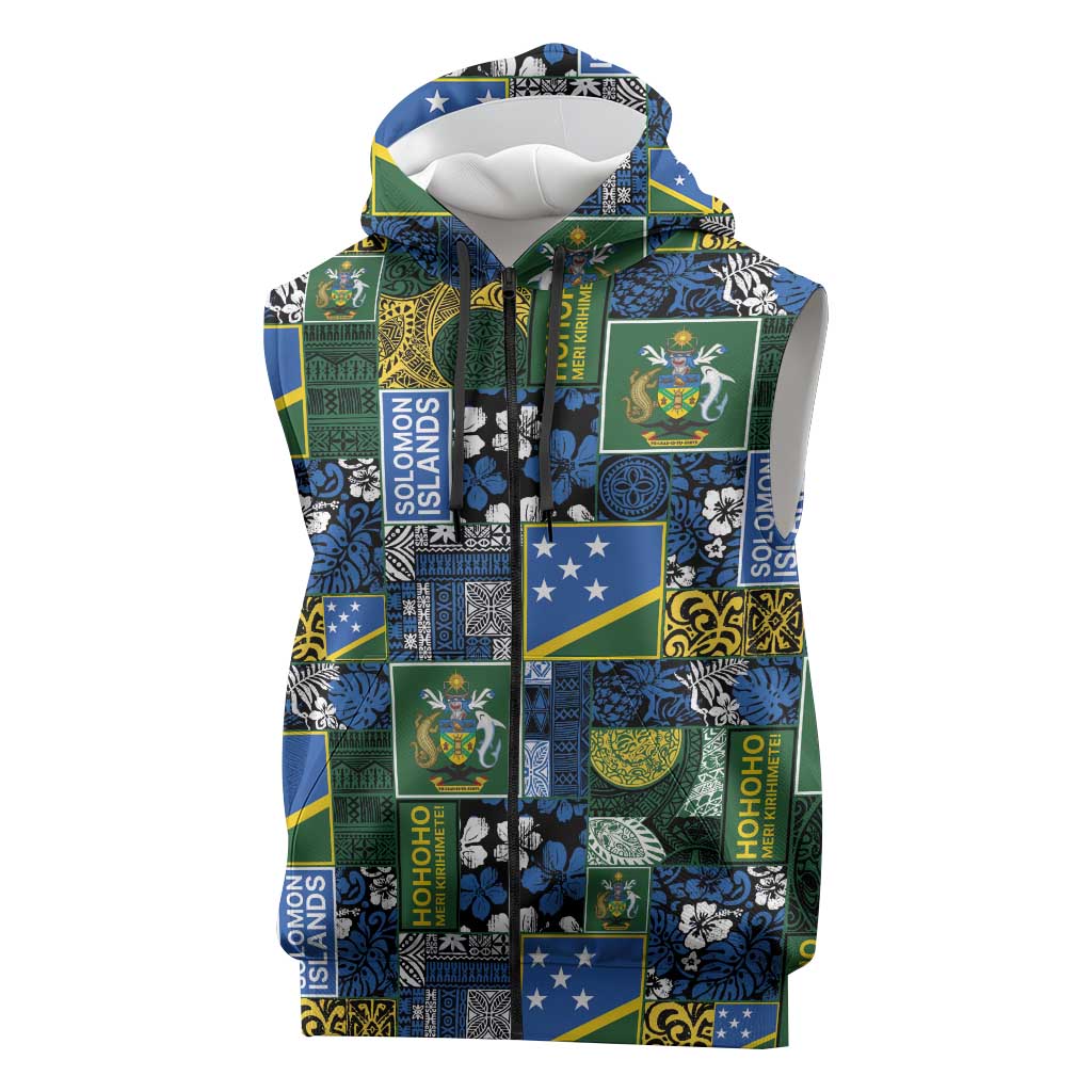Solomon Islands Meri Kirihimete Sleeveless Zip Hoodie Pacific Patchwork Xmas Vibes - Polynesian Pride