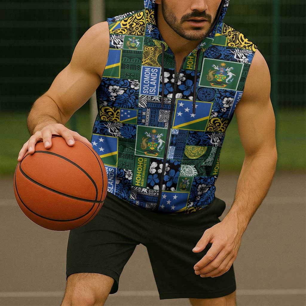 Solomon Islands Meri Kirihimete Sleeveless Zip Hoodie Pacific Patchwork Xmas Vibes - Polynesian Pride