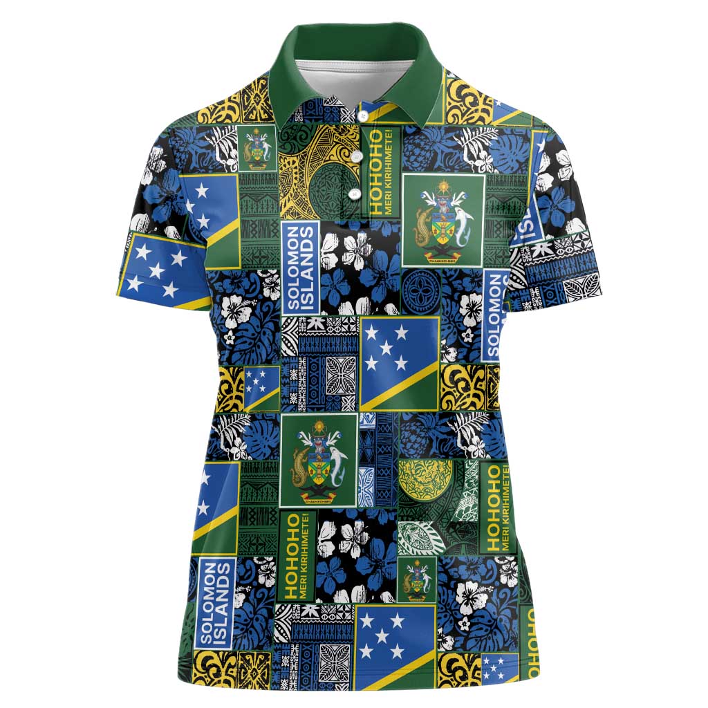 Solomon Islands Meri Kirihimete Women Polo Shirt Pacific Patchwork Xmas Vibes - Polynesian Pride