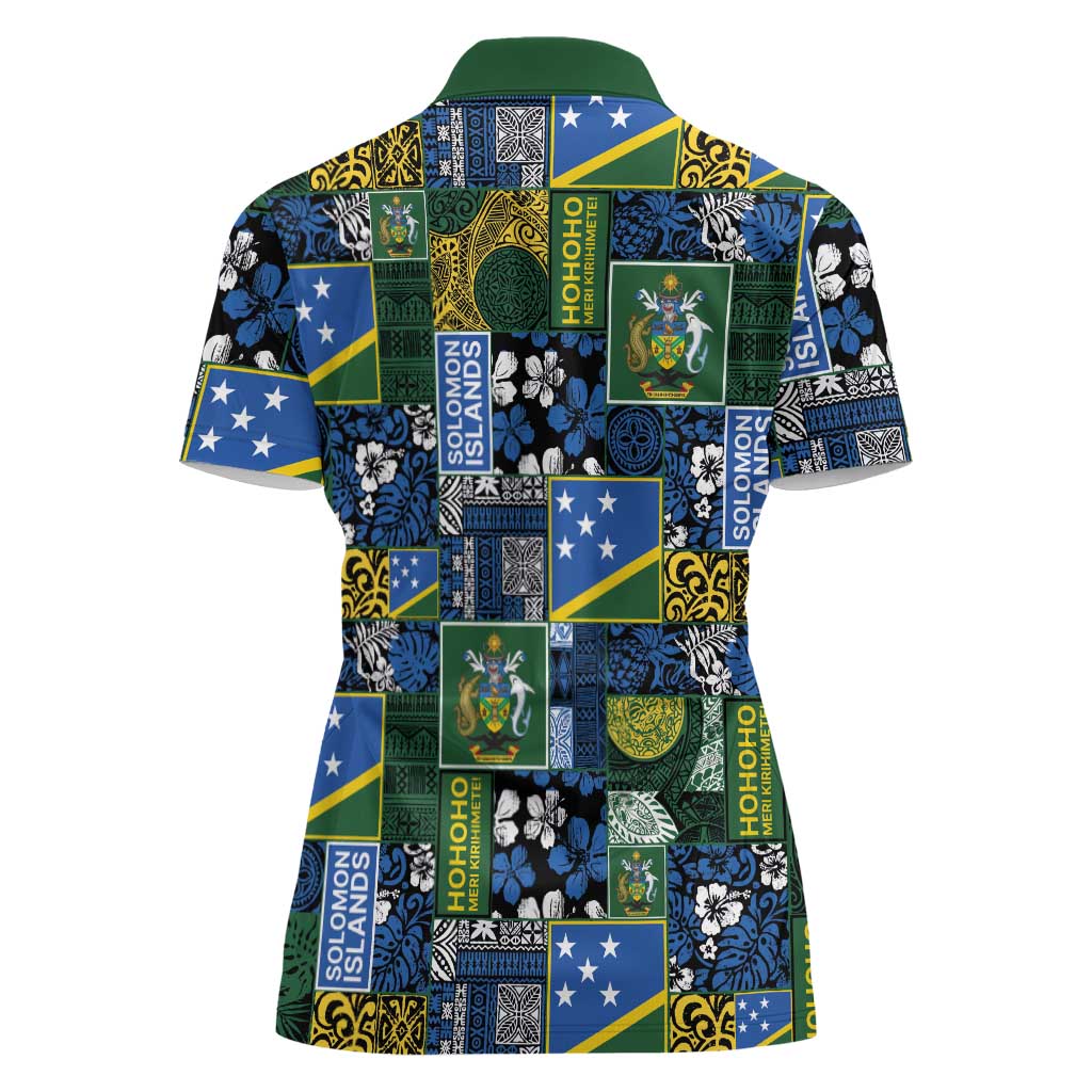 Solomon Islands Meri Kirihimete Women Polo Shirt Pacific Patchwork Xmas Vibes - Polynesian Pride