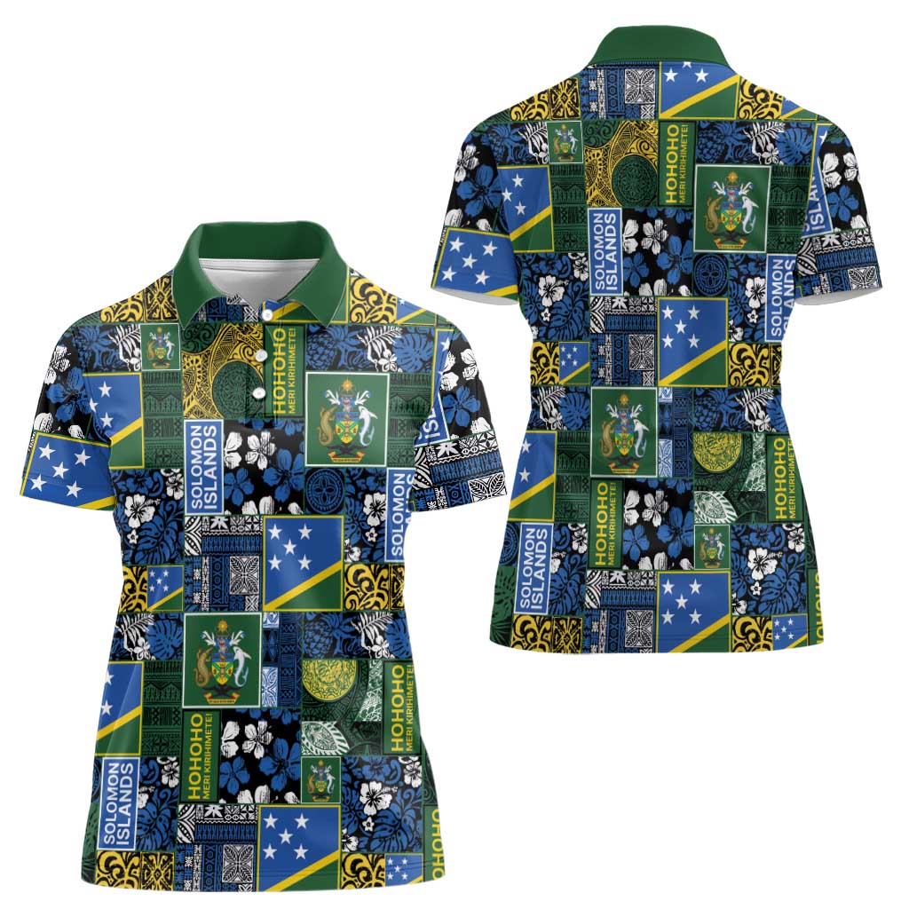 Solomon Islands Meri Kirihimete Women Polo Shirt Pacific Patchwork Xmas Vibes - Polynesian Pride