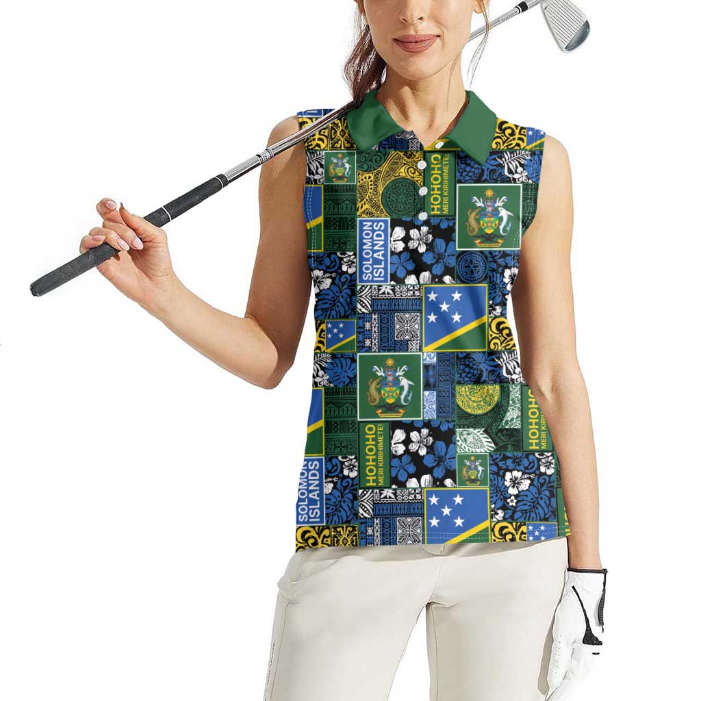 Solomon Islands Meri Kirihimete Women Sleeveless Polo Shirt Pacific Patchwork Xmas Vibes - Polynesian Pride